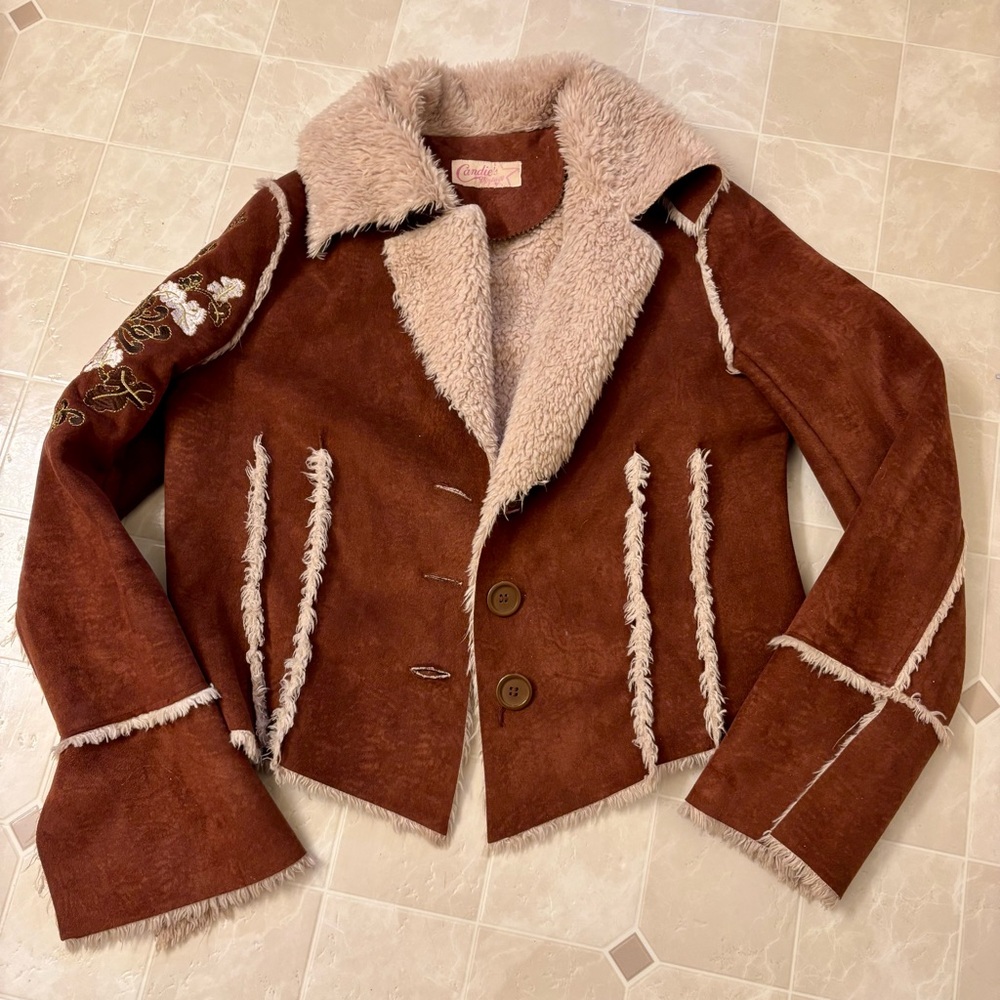 Candies Vintage Brown and Cream Teddy Jacket with Shearling Collar